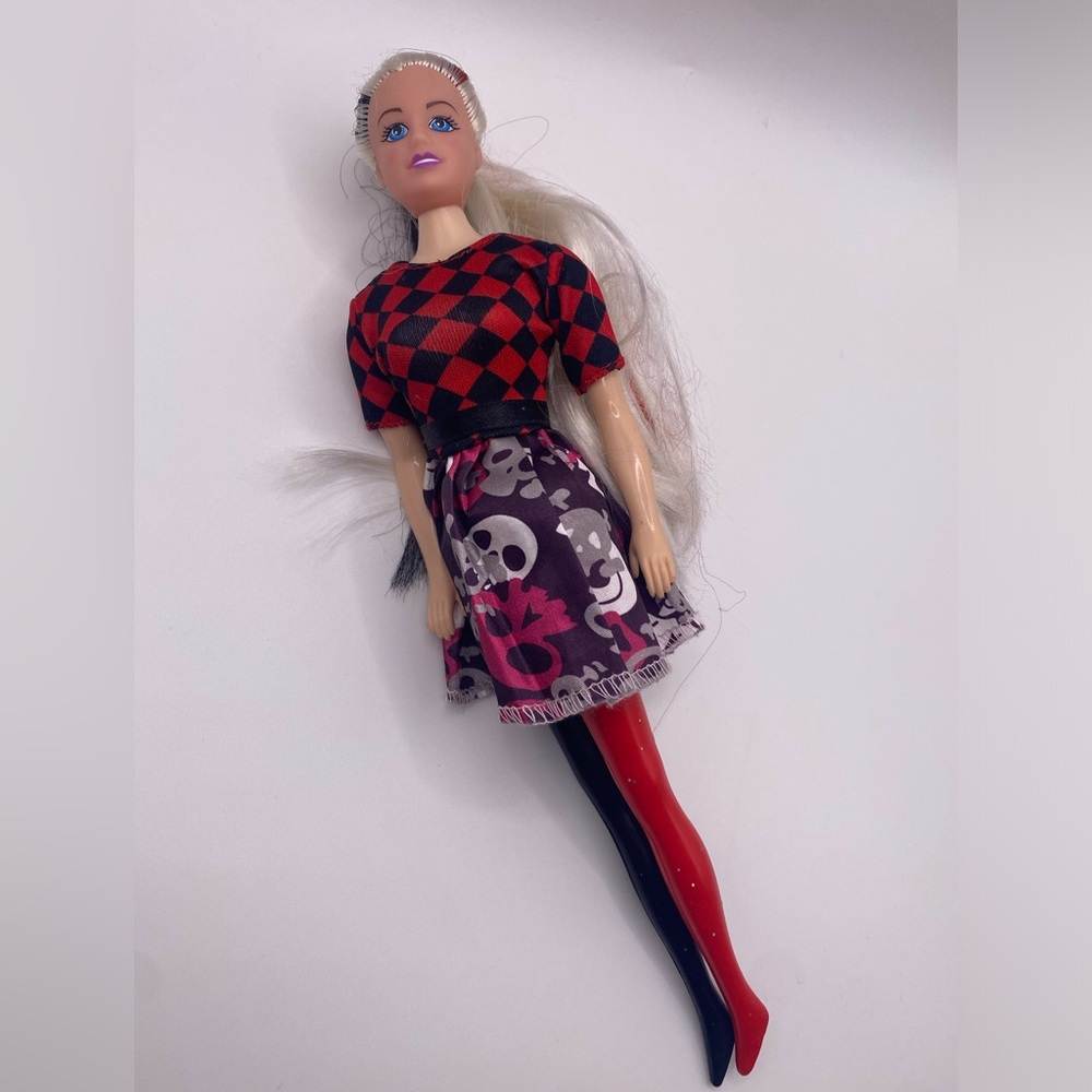 Fashion Doll with‎ Red and Black Outfit Hair Split Dyed Punk Gothic Skull - Picture 3 of 10